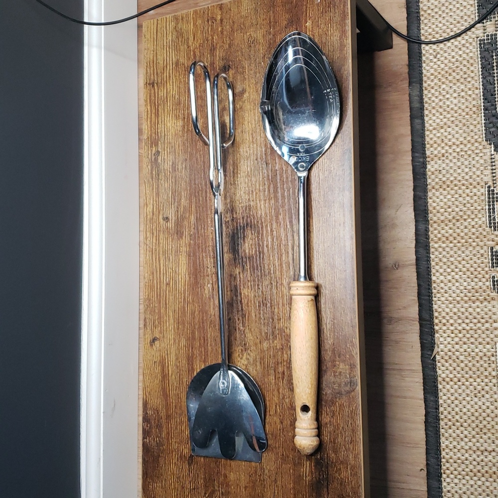 Vintage Cooking Utensils Wood Handle Measuring Spoon and Metal Tongs